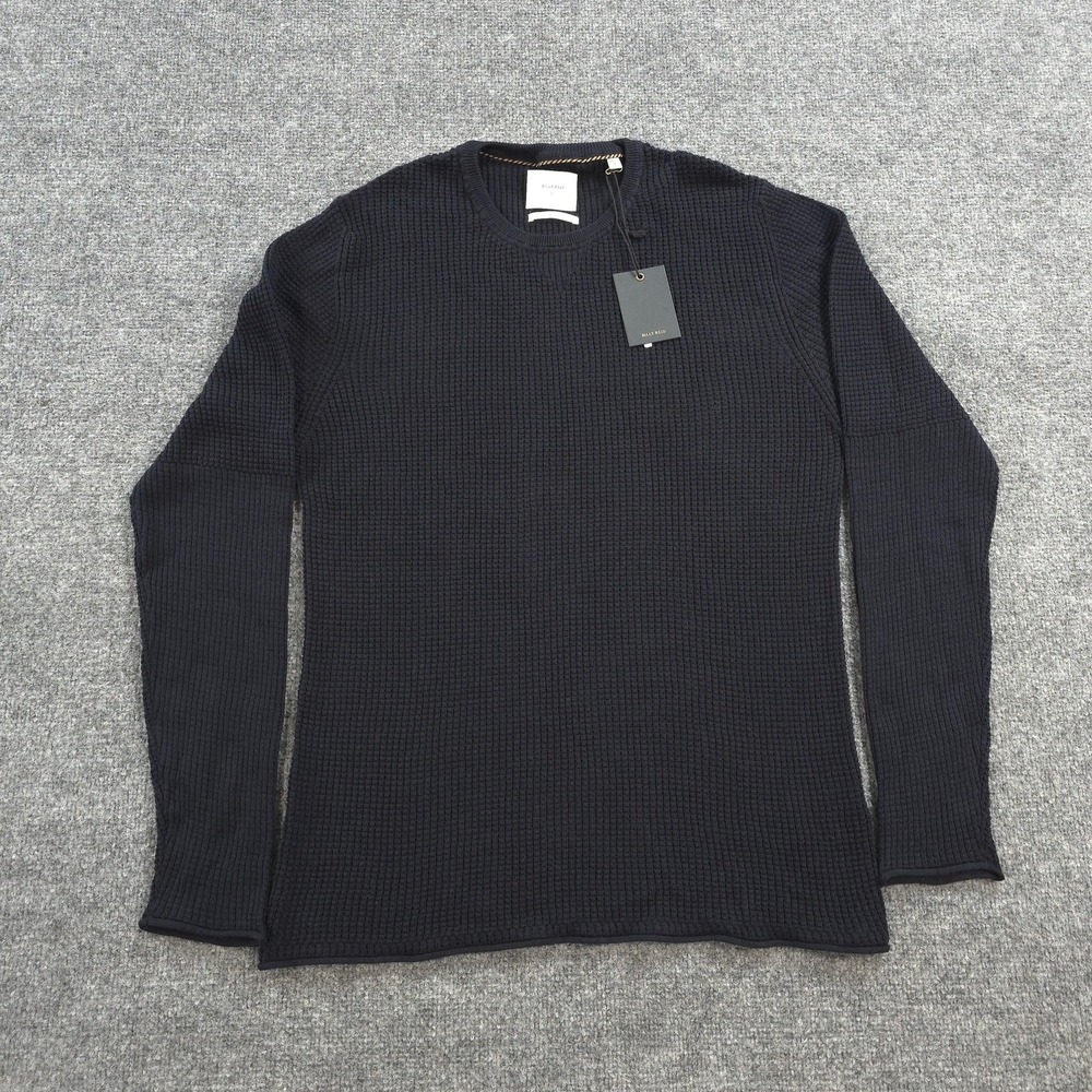 Billy Reid Sweater Mens L Blue Mini Waffle Crew Cotton Cashmere Made In Italy